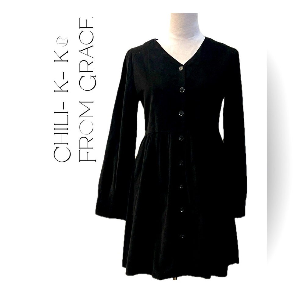 💖Corduroy Black Long Sleeve Button Up Dress